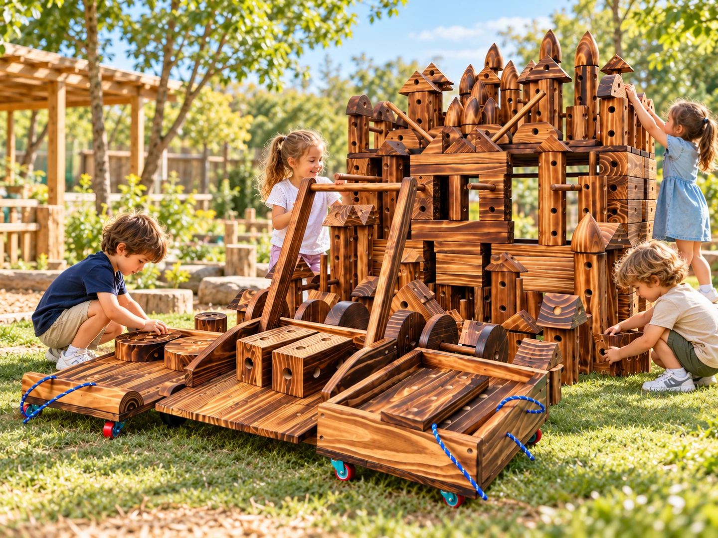 Children using YEHANEST natural play equipment in an outdoor kindergarten environment